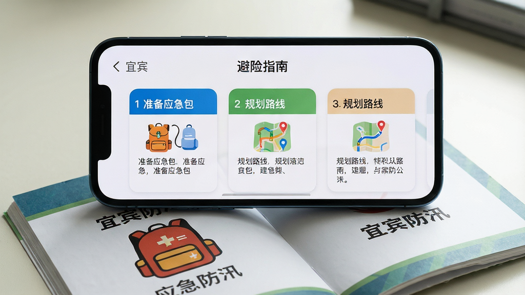 主体:一张智能手机横屏显示的“宜宾防汛”APP截图,背景是应用内的“避险指南”图文教程页面。布局:手机下方有一本打开的实体手册,手册上印有应急背包图标。排版:教程页面采用卡片式布局,清晰展示“准备应急包”、“规划路线”等步骤。风格:写实摄影风格,光线柔和,突出实用与安全感。细节:手机屏幕内容清晰可读,手册上标注“宜宾防汛”字样,画质:高分辨率,干净,无多余元素。