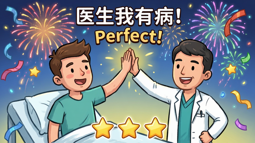 主体:《医生我有病!》游戏截图,展示治疗成功后的庆祝场景,病人恢复健康,周围飘着彩带和星星。布局:画面中央是病人和医生击掌,背景是五彩缤纷的烟花,下方显示星级评价(3星)。排版:人物居中,特效环绕,评价星级醒目。风格:卡通手绘,色彩明亮,氛围欢乐。细节:病人恢复原样,医生竖起大拇指,屏幕上有“Perfect!”字样。画质:高清,干净,无多余元素。