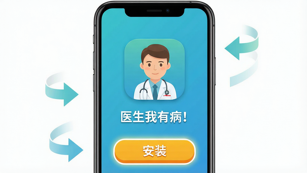 主体:《医生我有病!》游戏安装教程示意图,手机屏幕显示安装界面,下方有“安装”按钮。布局:手机居中,屏幕内容清晰可见,周围有简洁箭头指示。排版:教程风格,步骤清晰,色彩明快。风格:扁平化设计,简洁明了。细节:手机屏幕上有“医生我有病!”图标,安装按钮高亮。画质:高清,干净,无多余元素。