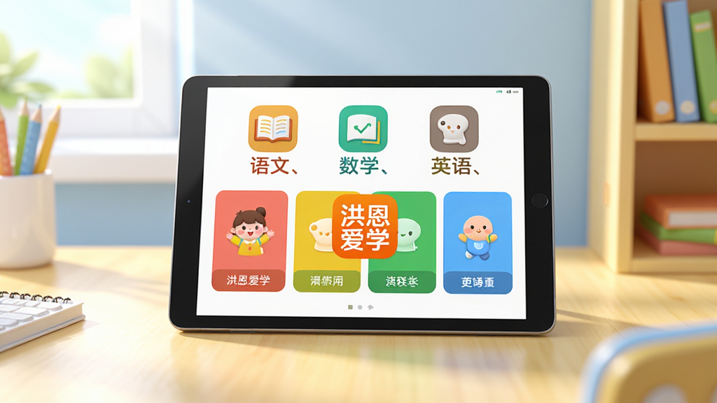 洪恩爱学app主界面展示,背景为明亮的学习桌,桌上有平板电脑,屏幕显示彩色课程卡片和“洪恩爱学”品牌logo,上方有“语文、数学、英语”学科图标,整体布局清晰,风格活泼明快,3D渲染,高清画质,干净无多余元素