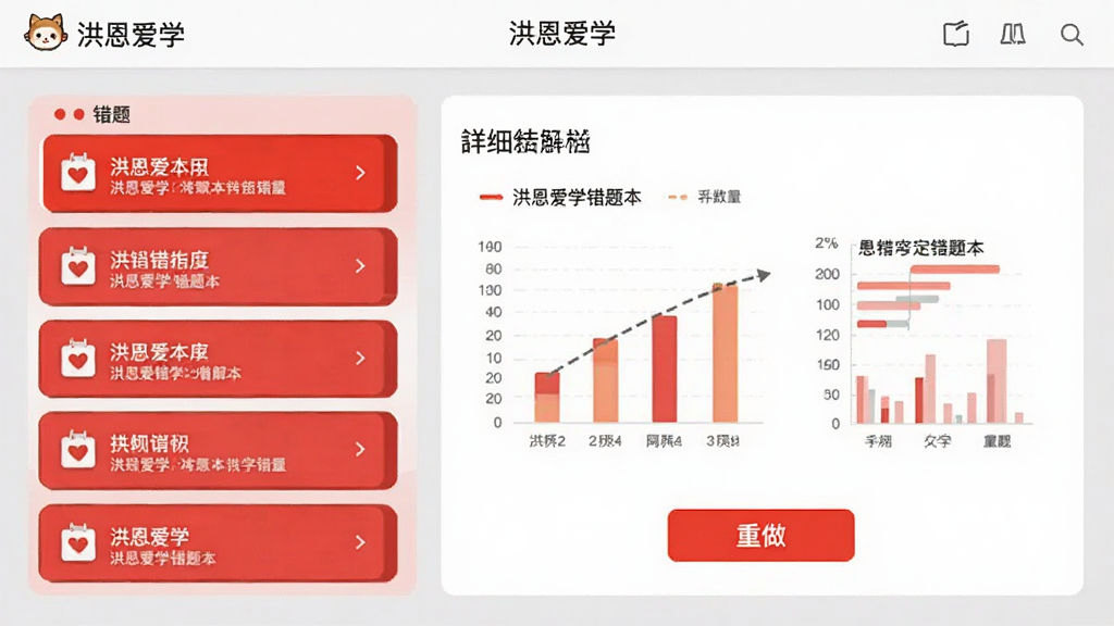 洪恩爱学错题本界面,左侧为红色错题列表,右侧为详细解析和“重做”按钮,顶部有“洪恩爱学”导航栏,背景为浅灰色,界面简洁,数据图表清晰,现代感设计