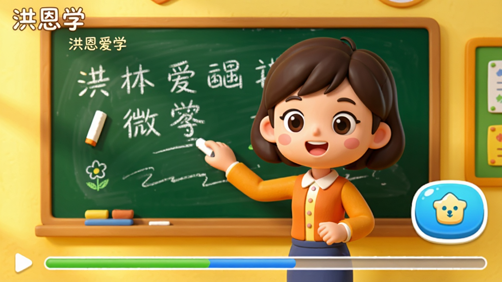 洪恩爱学动画微课播放界面,画面中央为卡通老师正在黑板上书写,黑板左上角有“洪恩爱学”小字,右侧有互动答题按钮,下方有进度条,背景为暖黄色教室,风格卡通,色彩饱和,高清渲染