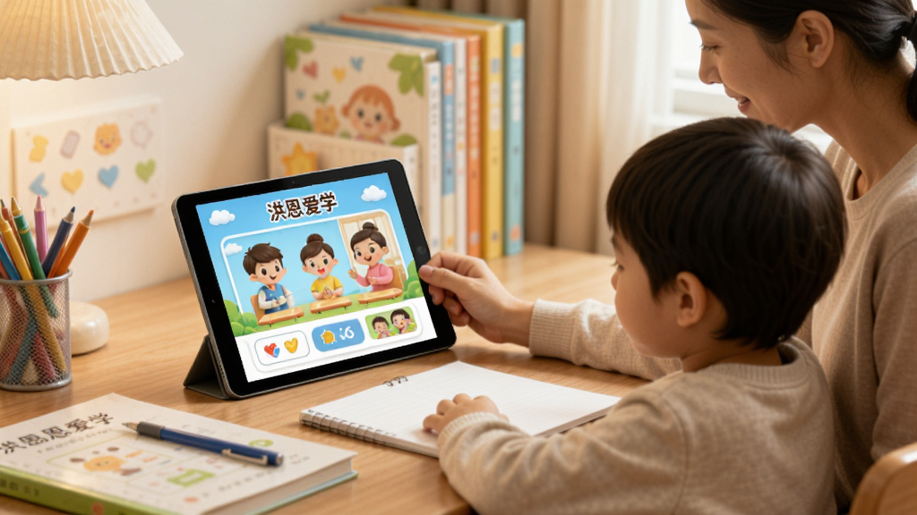 洪恩爱学使用场景图,家长和孩子一起在书桌前使用平板学习,屏幕上有“洪恩爱学”课程画面,周围有书本和文具,光线柔和,温馨家庭氛围,写实风格,高清画质