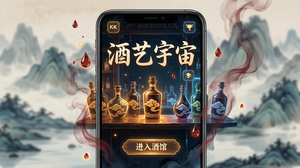 主体:一款名为“酒艺宇宙”的智能手机应用界面,屏幕中显示一个古风与现代结合的虚拟酒馆场景,吧台上摆放着各种发光的酒瓶。布局:画面中央为手机屏幕特写,周围环绕着淡淡的酒香雾气效果,背景是朦胧的山水画。排版:手机界面清晰展示“酒艺宇宙”四个大字,下方有“进入酒馆”按钮。风格:国风水墨与赛博朋克光效融合,色调以琥珀色与墨蓝为主。细节:酒瓶上刻有精细的云纹,界面图标发光,有漂浮的酒滴光点。画质:8k超高清,细节丰富,干净,无多余元素。