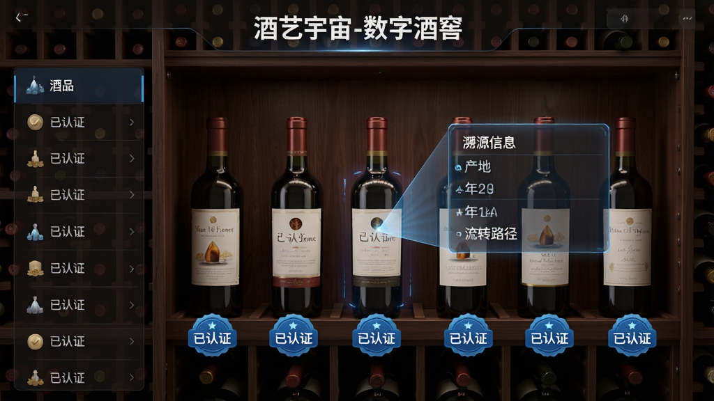 主体:数字酒窖界面展示,一个虚拟的酒柜中陈列着多瓶名酒,每瓶酒下方有“已认证”的蓝色徽章。布局:界面以深棕色木质酒柜为背景,酒瓶排列整齐,其中一瓶被点击后弹出全息投影的溯源信息。排版:屏幕上方有“酒艺宇宙-数字酒窖”标题,左侧列表显示酒品名称。风格:写实与科技感结合,光线柔和,突出酒的质感。细节:酒瓶标签清晰,溯源信息包含产地、年份、流转路径。画质:高清渲染,光影真实,干净,无多余元素。
