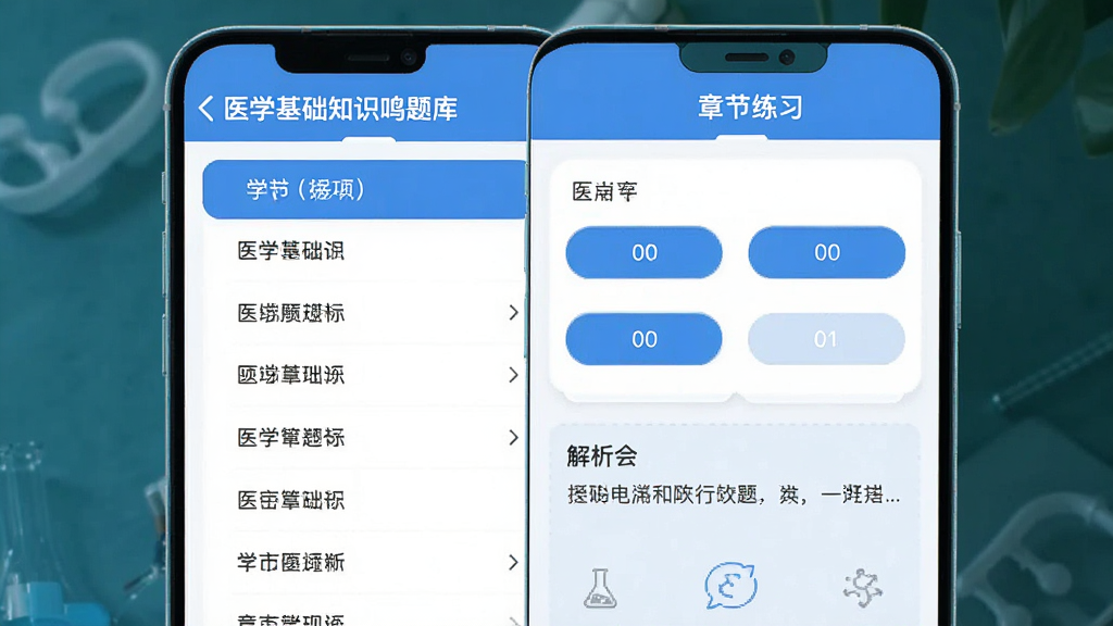 չʾ��ҽѧ����֪ʶ����⡱App�ڵ��½���ϰҳ�棬���Ϊѧ���б����Ҳ�Ϊ��Ŀ��Ƭ����Ƭ����ѡ�ť�ͽ������򣬽�����ɫ������Ϊ����Բ����ƣ�������ʾ���½���ϰ�����⣬����ɾ����࣬�������ȣ�ͻ���ƶ���ѧϰ����