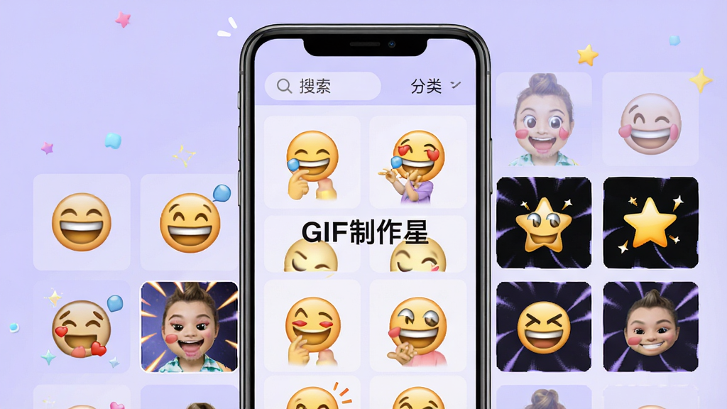 一张模板展示界面,手机屏幕中显示“GIF制作星”模板中心,以网格形式排列各种表情包和动态模板,顶部有“搜索”和“分类”标签,背景为浅紫色,风格活泼,画质干净,无多余元素