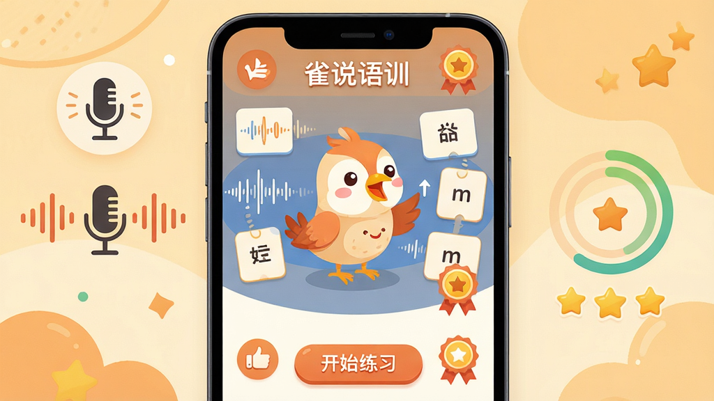 主体:智能手机屏幕展示雀说语训APP界面,屏幕中央有卡通小鸟引导发音,周围环绕波形图、音节卡片和鼓励勋章;布局:手机居中,左侧有麦克风图标和声波线条,右侧有训练进度环和星星奖励;排版:APP界面清晰,功能图标圆形排列,色彩明快;风格:扁平化插画风格,暖色调背景,温馨亲切;细节:界面文字显示“雀说语训”和“开始练习”按钮,小鸟嘴巴微张示意发音;画质:高清,干净,无多余元素
