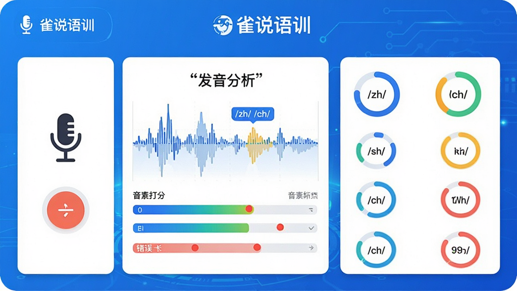 主体:雀说语训APP的发音评估页面,显示“发音分析”字样,下方有波形图、音素打分条和错误标注红点;布局:左侧为麦克风图标和录音按钮,右侧为详细评分列表;排版:数据图表化呈现,分数用彩色圆环展示;风格:科技感蓝色背景,白色卡片,简洁专业;细节:波形图上有“/zh/ /ch/ /sh/”音素标签,顶部有“雀说语训”品牌标识;画质:高清,干净,无多余元素