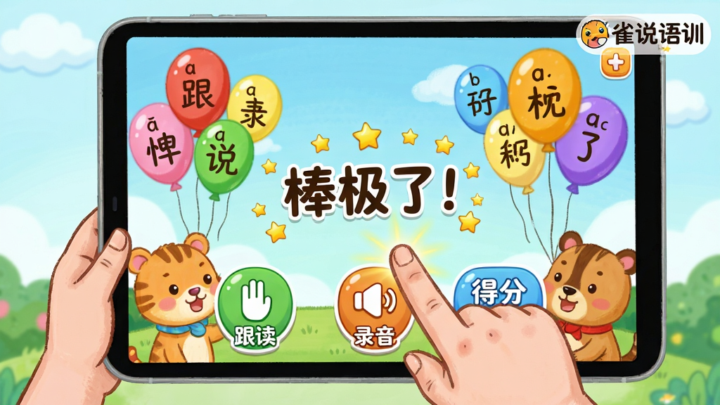 主体:儿童正在使用雀说语训APP进行游戏化训练,屏幕上有卡通小动物和彩色气球,气球上带有汉字拼音;布局:前景为儿童手指点击屏幕,背景为APP游戏场景;排版:游戏界面元素活泼,有“跟读”、“录音”、“得分”图标;风格:卡通手绘风格,色彩鲜艳,充满童趣;细节:屏幕上出现“棒极了!”鼓励文字和星星特效,右上角显示“雀说语训”小标识;画质:高清,干净,无多余元素