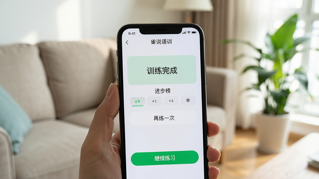 主体:用户在使用雀说语训APP练习发音,手机界面上显示“训练完成”和分数;布局:前景为手机特写,背景为居家环境,有沙发和绿植;排版:手机屏幕内容清晰可见,有“继续练习”按钮;风格:写实摄影风格,自然光线,生活化场景;细节:屏幕上显示“进步榜”和“再练一次”按钮,手机顶部有“雀说语训”字样;画质:高清,干净,无多余元素