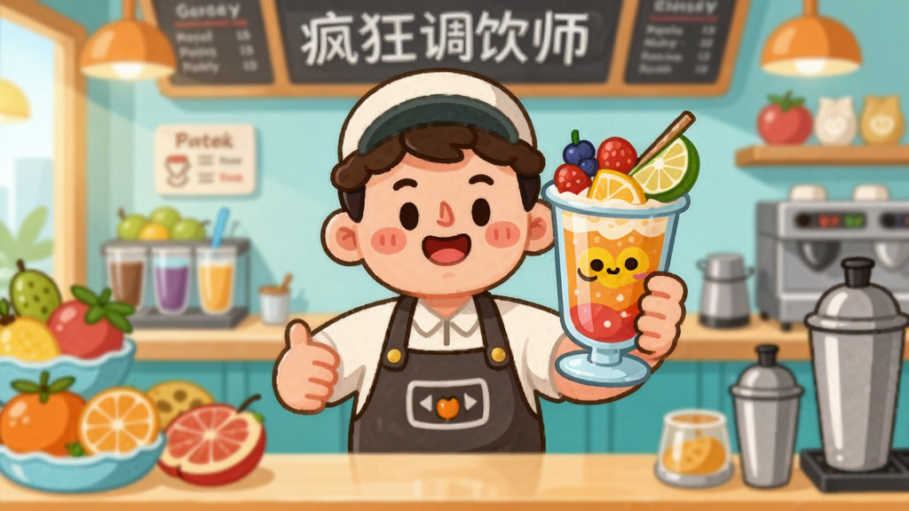 画面中央一位卡通风格的调饮师角色,身穿围裙,双手举起一杯色彩鲜艳、顶部有水果装饰的创意饮品,背景是明亮温馨的冷饮店柜台,摆放着各种水果与调饮工具,布局饱满,前景突出调饮师与饮品,后景虚化店铺环境,采用扁平化卡通插画风格,线条圆润,色彩明快,细节丰富,画质清晰,干净,无多余元素,图片中文字标注“疯狂调饮师”