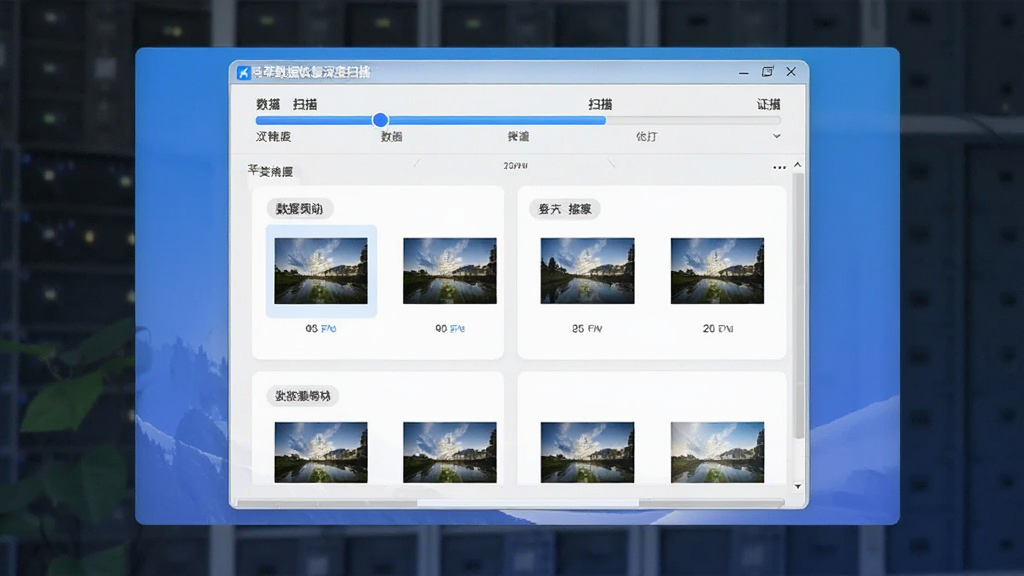 高苹数据恢复深度扫描过程截图,界面显示进度条与扫描出的照片缩略图,背景为渐变蓝色,卡片式布局,数据分类标签整齐排列,风格简约现代,画质细腻干净,无多余元素。