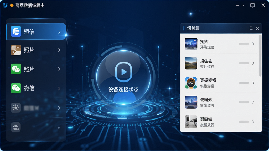 高苹数据恢复主界面展示图,深蓝色科技感背景,界面中央显示设备连接状态,左侧功能列表清晰列出短信、照片、微信等恢复选项,右侧预览窗口展示可恢复的数据列表,整体排版简洁大气,风格专业商务,细节处有高光点缀,画质清晰干净,无多余元素。