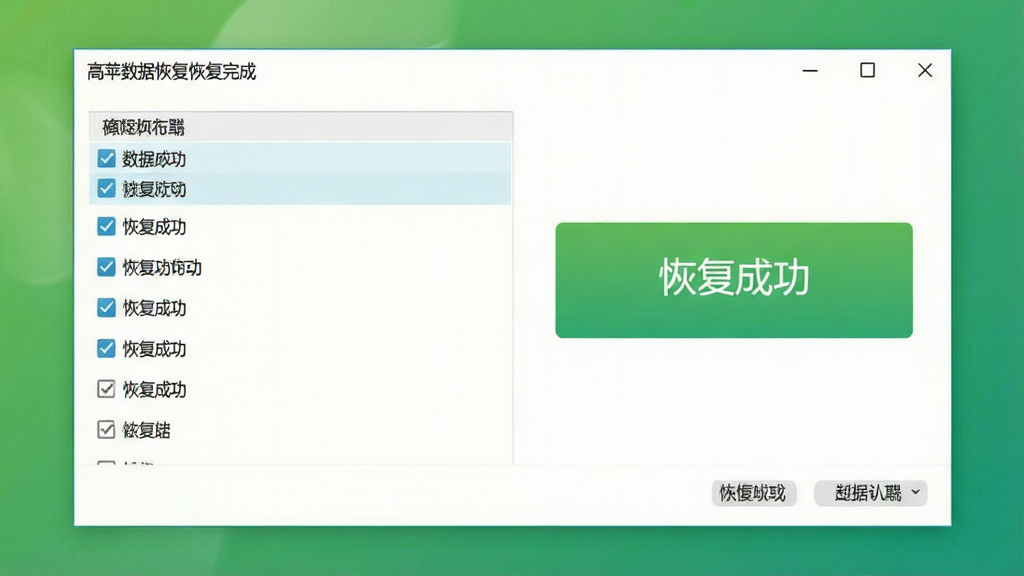 高苹数据恢复恢复完成界面,屏幕显示勾选的数据列表与“恢复成功”提示,背景为绿色渐变,风格清爽,文字清晰,画质干净,无多余元素。
