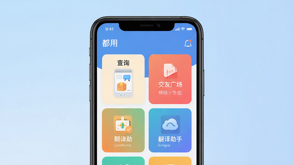 一张展现「都用」软件核心功能的场景化预览图,主体为一部运行着「都用」主界面的智能手机,屏幕清晰展示快递查询、交友广场、翻译助手等彩色功能卡片,布局整齐,风格扁平化,背景为柔和的渐变蓝色,画质干净清晰,无多余元素