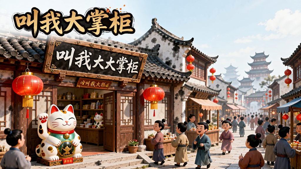 主体:古风街道上的一家大宅院,牌匾写着“叫我大掌柜”,门前有招财猫和红灯笼。布局:前景是热闹的街道,中景是店铺门面,背景是古代城市轮廓。排版:画面左侧为店铺,右侧为街道行人,上方留白加游戏标题。风格:水墨国风,色彩明亮,细节丰富。细节:招牌文字清晰,灯笼有光泽,人物表情生动。画质:高清渲染,干净,无多余元素。