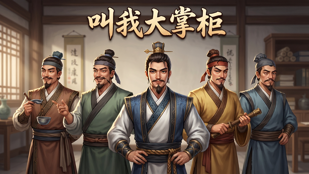 主体:几位身着古装的门客角色立绘,前排是主角掌柜,后排是不同职业的门客。布局:角色站成一排,背景是古代书房。排版:人物居中,上下留白,顶部有“叫我大掌柜”艺术字。风格:精美立绘,光影柔和。细节:服装纹理细致,表情各异,有互动动作。画质:高清,干净。
