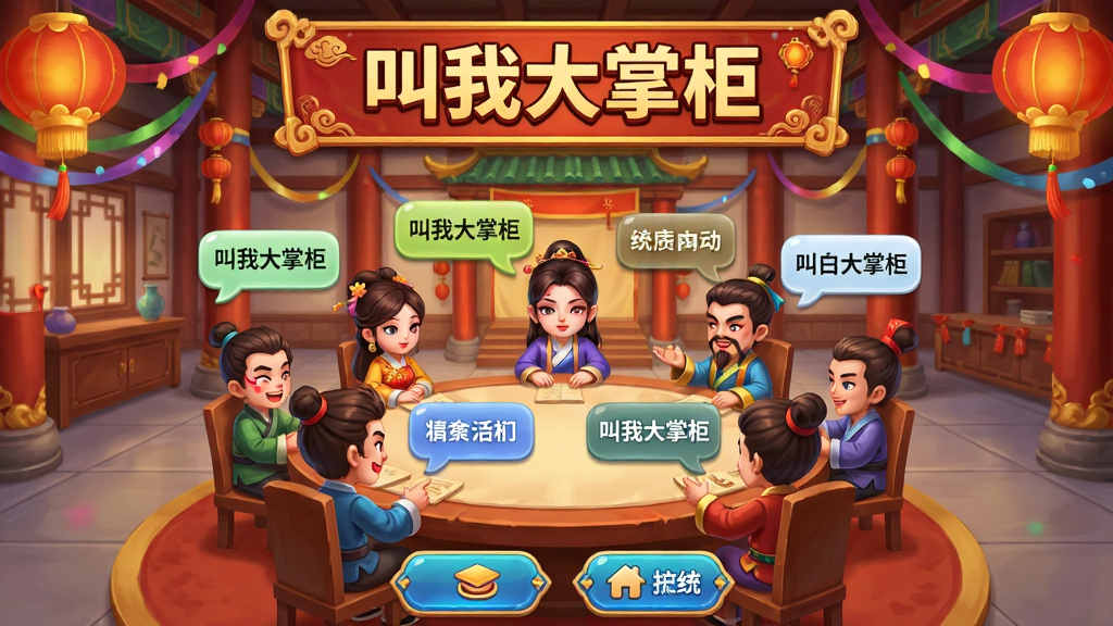 主体:多个玩家角色在商会大厅中互动,屏幕上有聊天气泡和“叫我大掌柜”活动横幅。布局:大厅中央有圆桌,周围是玩家角色,背景是华丽的中式装饰。排版:横幅在顶部,角色围绕圆桌,底部有功能按钮。风格:喜庆热闹,色彩丰富。细节:角色有不同表情,气泡文字清晰,装饰有灯笼和彩带。画质:干净,无多余元素。