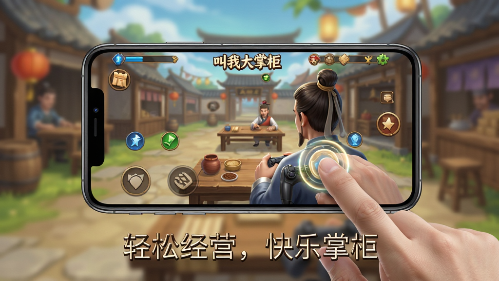 主体:手机屏幕显示游戏界面,玩家正在操作,旁边有“叫我大掌柜”字样。布局:手机居中,背景为模糊的游戏场景。排版:手机占主体,下方有文字“轻松经营,快乐掌柜”。风格:写实与游戏结合,光线自然。细节:屏幕内容清晰,手指点击位置有光效。画质:高清,干净。