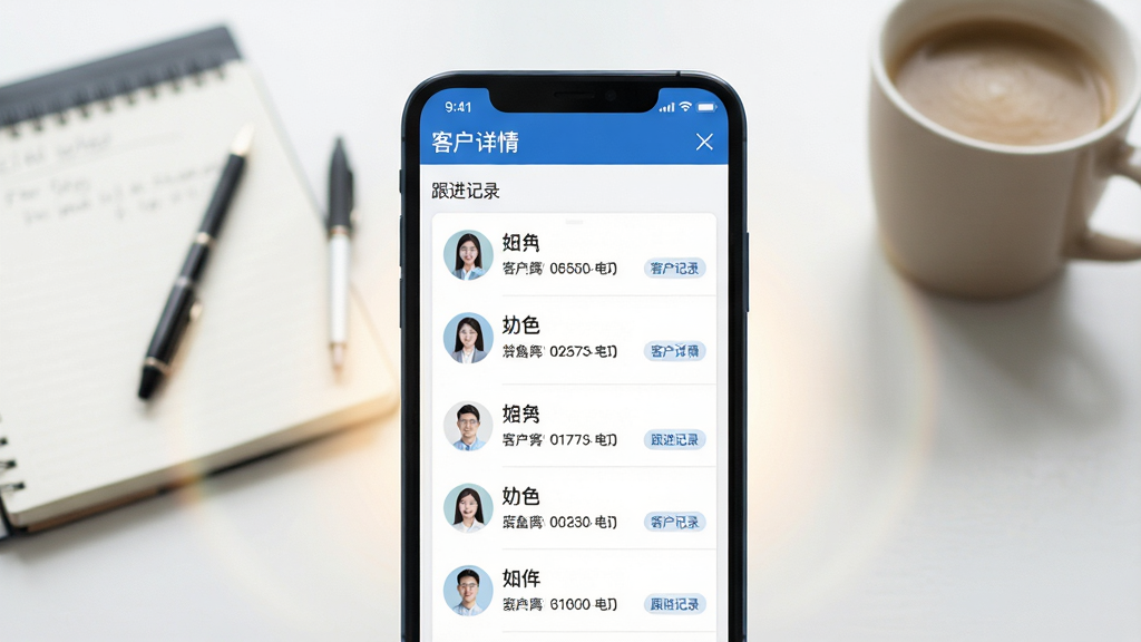 ���壺��ӯ�����ͻ��������棬�ֻ���Ļ��ʾ�ͻ��б�������ҳ������Ϊ�칫���棬�м��±��Ϳ��ȱ������֣��ֻ�ռ�������룬��������͹�Ч���Ű棺�б�������ͷ���������绰����ǩ�������򡣷�񣺼������������ɫ��ϸ�ڣ���Ļ����ʾ���ͻ����顱����������¼�������������ʣ��߷ֱ��ʣ��ɾ����޶���Ԫ�ء�