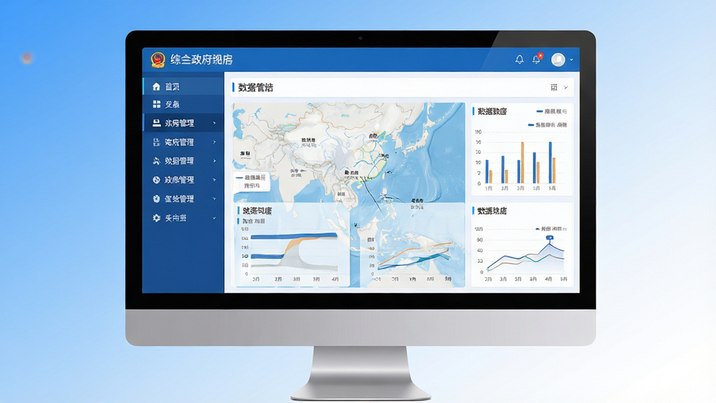一幅现代科技感的海关综合信息管理系统界面预览图,主体为电脑屏幕中显示的蓝色调政务软件主界面,包含左侧功能导航栏与右侧数据看板,背景为简洁的渐变蓝白配色,排版居中,风格写实清晰,细节展示菜单图标与统计图表,画质高清,干净整洁无多余元素