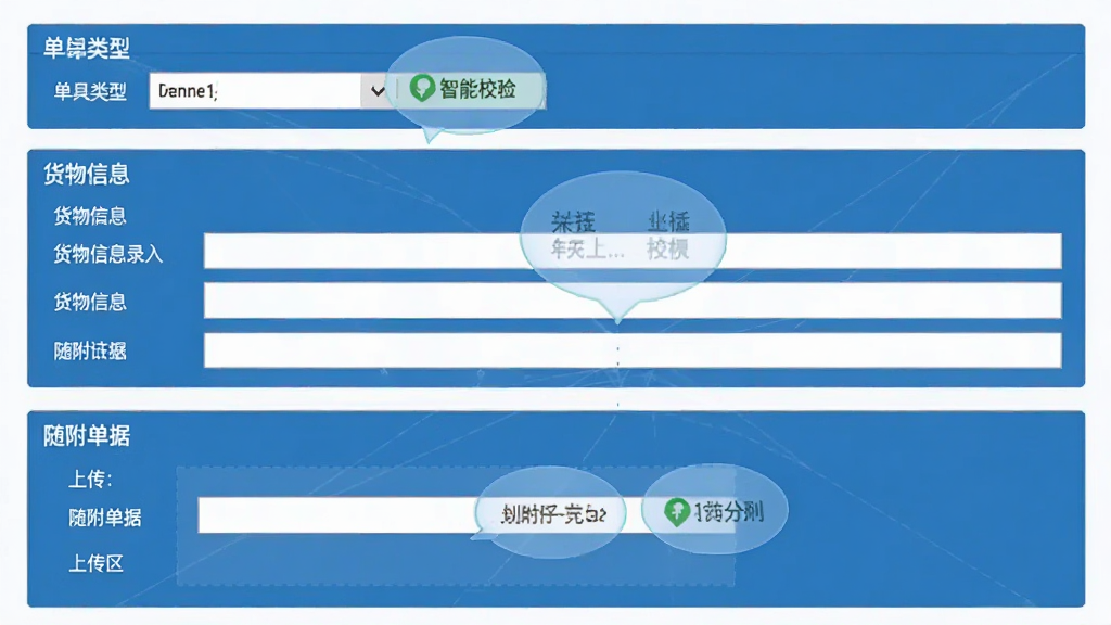 海关综合信息管理系统报关申报操作界面截图,主体为表单填写页面,布局从上至下依次为单据类型选择、货物信息录入、随附单据上传区,风格扁平化,蓝色主色调,细节展示智能校验提示气泡,画质清晰,干净无杂物