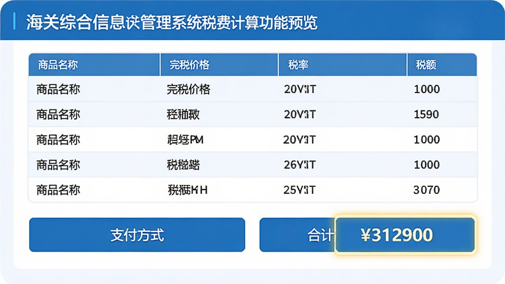 海关综合信息管理系统税费计算功能预览,主体为税费明细展示页面,包含商品名称、完税价格、税率、税额等数据行,下方为支付方式选择按钮,布局清晰,蓝白配色,风格商务简约,细节显示合计金额高亮,画质高清,整洁无多余元素