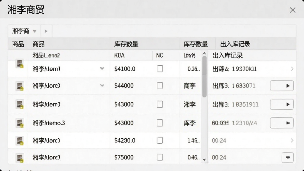 湘李商贸商品库存管理界面,展示商品列表、库存数量和出入库记录,界面采用表格布局,数据清晰,背景为浅灰色,风格简洁商务,文字标注“湘李商贸”字样,画质高清干净