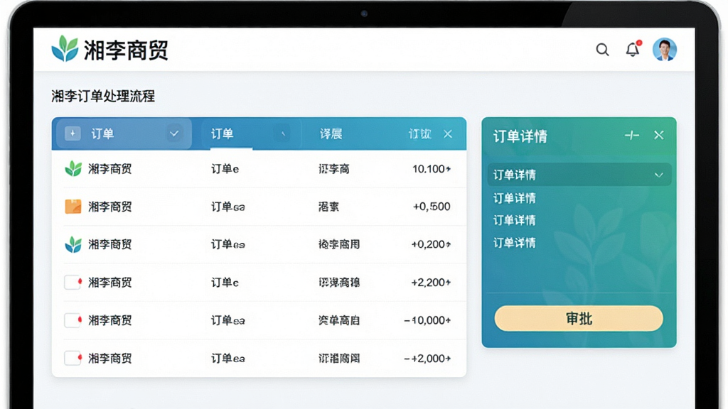 湘李商贸订单处理流程界面,显示订单列表、订单详情和审批按钮,界面采用卡片式布局,色彩清新,带有“湘李商贸”品牌标识,画质清晰,无多余元素