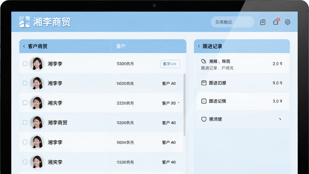 湘李商贸客户管理界面,展示客户列表和跟进记录,界面以浅蓝色为主,头像和名称清晰,布局简洁,带有“湘李商贸”文字标识,画质细腻干净