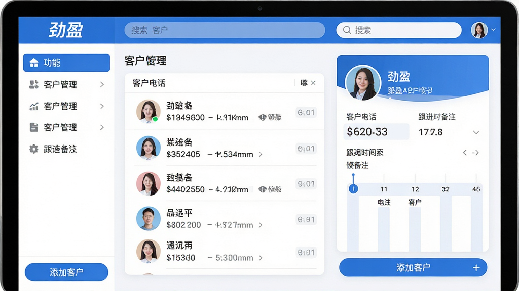 ���壺��ӯAPP�Ŀͻ�����ҳ�棬��ʾ�ͻ��б��͸���ʱ���᣻���֣����Ϊ���ܲ˵����Ҳ�Ϊ��ϸ���Ͽ�Ƭ���Ű棺��Ϣ�㼶������ͷ���������绰����ע����������񣺱�ƽ����ƣ�������ɫ��ϸ�ڣ�ҳ�涥���С���ӯ�����������������ײ��С����ӿͻ�����ť�����ʣ�����UI���棬�ɾ��޶���Ԫ��