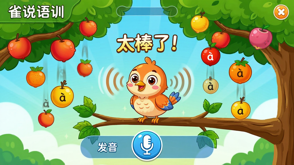 ���壺��ȸ˵��ѵ���ġ�С��Թ��ӡ���Ϸ���棬��Ļ�·���һ����˷�ͼ�꣬һֻ��ͨС��վ��֦ͷ�����֣���Ϸ����ռ��������Ļ���Ϸ��ǹ������ӵ������м���С���·��Ƿ�����ʾ����˷簴ť���Ű棺����Ԫ�ض�̬��ǿ�����ӻ�������ȷ���������䣬��Ļ���й��������֡�̫���ˣ��������2D��ͨ�������ɫ�����ޣ�����������ϸ�ڣ�С�������Ա���������ɢ��Ч�������ϴ���ƴ����ĸ�����������ʣ����壬�������޶���Ԫ�ء�