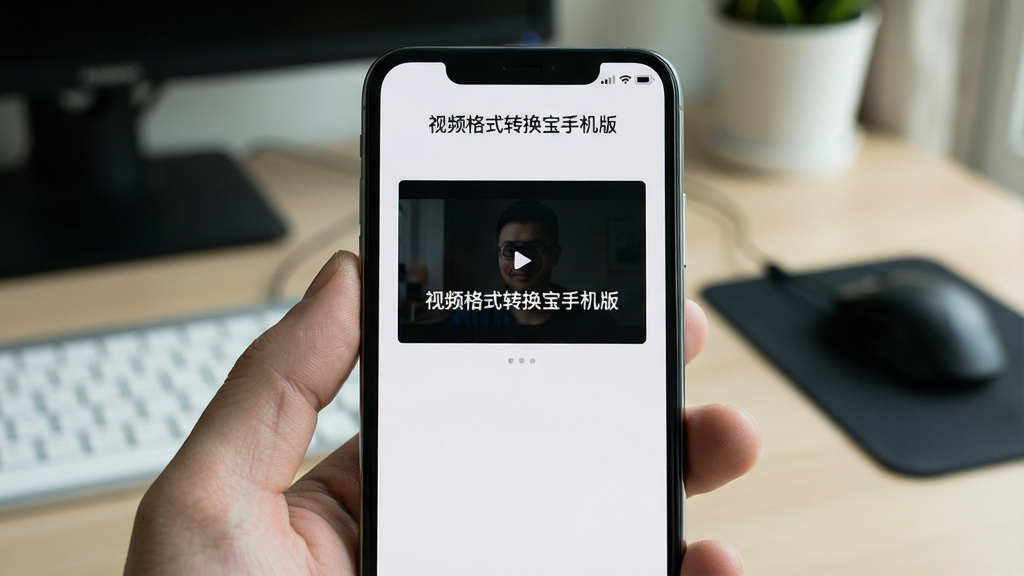 一张展示视频格式转换宝在手机端运行效果的实拍图,手机屏幕显示主界面,界面简洁,清晰标注“视频格式转换宝手机版”,背景为桌面环境,画质干净,无多余元素。