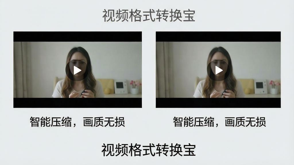 一张展示视频格式转换宝压缩前后画质对比的示意图,左侧为原始视频画面,右侧为压缩后画面,两者视觉差异极小,下方标注“智能压缩,画质无损”,背景为简洁的浅灰色,文字标注“视频格式转换宝”,画质干净,无多余元素。