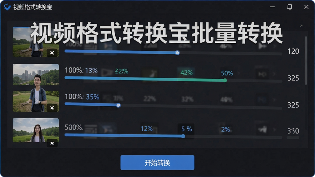 一张展示视频格式转换宝批量转换过程的界面预览图,界面中多个视频文件正在排队转换,进度条清晰显示百分比,底部有“开始转换”按钮,整体界面以深色主题为主,文字标注“视频格式转换宝批量转换”,画质干净,无多余元素。