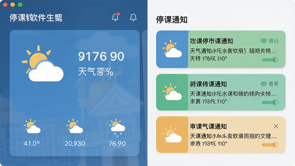 主体:停课铃软件的主界面,展示天气预警卡片和停课通知列表,布局:左侧为城市天气概览,右侧为详细的停课通知,排版:卡片式设计,信息层次分明,风格:扁平化,色彩清新,细节:天气图标清晰,通知文字醒目,画质:高清,干净,无多余元素