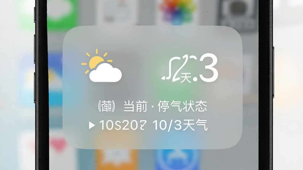 主体:停课铃手机桌面小组件,显示当前天气和停课状态,布局:小组件位于手机屏幕中央,排版:简洁,风格:实用,细节:天气图标和文字清晰,画质:高清,干净,无多余元素
