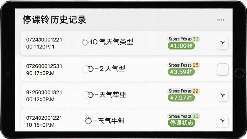 主体:停课铃历史记录列表,展示多条过往停课通知,布局:列表式排列,每条记录包含日期、天气类型和停课状态,排版:整齐清晰,风格:简约,细节:时间戳和状态标签,画质:高清,干净,无多余元素