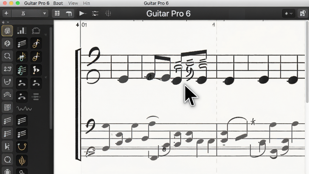 ��д��ͷչʾGuitar Pro 6�������������������׻�ϱ༭���棬�������ͣ��һ���������Ҽ��ɷ��ŵ������ϣ���๤����չ����ʾ�������༼��ͼ�꣬�������ǳɫ���⣬������������������Բ�󣬻��ʸɾ���ͻ����������Guitar Pro 6�ڶ����˵�����