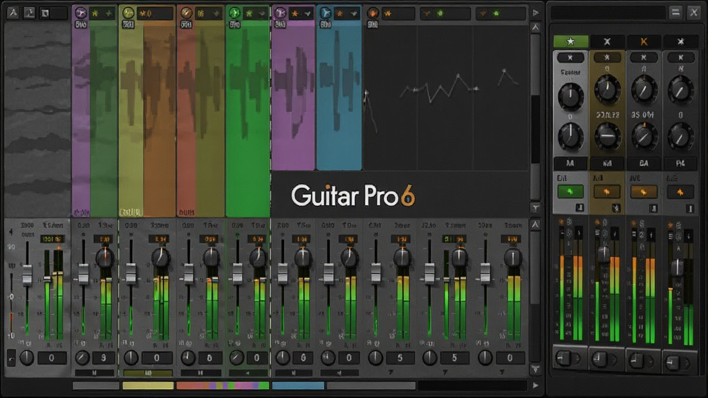 ���ӽǶ�չʾGuitar Pro 6����������̨���棬������ɫ��������ֱ���У���ʾ�������Ӻ�������ť���Ҳ���Ч��������������������Ϊ��ҽ����ʸУ�������ɫ�ͳ�ɫ�ĵ�ƽָʾ�ƣ�����ɾ����࣬����������ʾGuitar Pro 6��������ʶ��