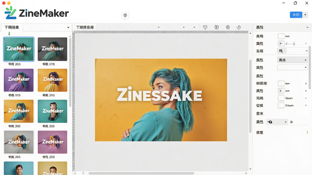 ZineMaker电子杂志制作软件主界面,左侧为模板库,中间为编辑预览区,右侧为属性设置面板,整体布局清晰,软件Logo醒目,界面风格现代简洁,色彩明亮,画质清晰,干净无多余元素