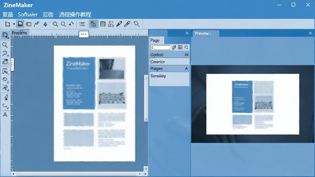 ZineMaker软件操作教程截图,显示编辑器界面,包含菜单栏、工具栏、页面面板和预览窗口,以蓝色调为主,清晰展示软件布局,画质干净,无多余元素
