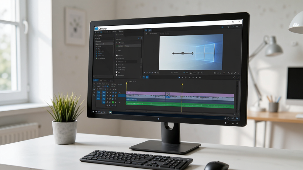 Camtasia 软件运行在Windows电脑上的实拍图,屏幕显示编辑界面,周围环境整洁,画质清晰,光影自然,干净无多余元素