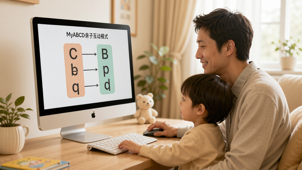 MyABCD亲子互动模式,家长与孩子共同操作电脑,屏幕显示字母配对游戏,温馨家庭场景,柔和色调,高细节,干净画面