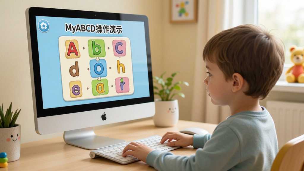 MyABCD操作演示,儿童在电脑前使用软件学习字母,屏幕显示拼写游戏,教育场景,温馨活泼,高清晰度,干净画面