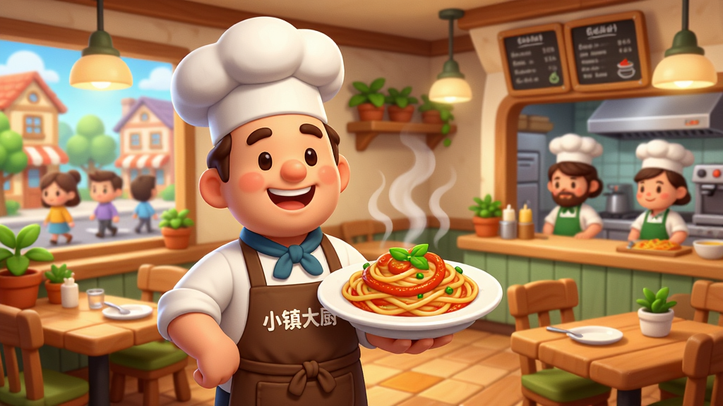 主体:温馨明亮的卡通风格餐厅内部,一位笑容满面的厨师(主角)正端着一盘刚出锅的意大利面,背景是木质桌椅、绿植和暖色灯光。布局:画面中央偏左突出厨师与餐盘,右侧展示半开放式厨房和忙碌的店员,餐厅外可见小镇街景和彩色房屋。排版:采用横幅构图,前景、中景、背景层次分明,厨师与食物为视觉焦点,引导用户视线从人物延伸至环境细节。风格:治愈系美式卡通,色彩明快,线条圆润,光影柔和,具有《小镇大厨》游戏标志性的Q萌质感。细节:餐盘中的食物冒着热气,厨师围裙上印有“小镇大厨”字样,窗外有行人路过,墙上挂着菜单黑板。画质:高清渲染,干净无多余元素,分辨率适合作为游戏宣传图。