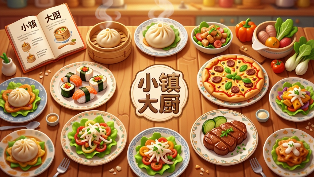 主体:一张木质餐桌上摆满各式国际美食,包括小笼包、寿司、披萨、牛排、沙拉等,旁边放着一本翻开的菜谱和新鲜食材。布局:俯拍视角,餐桌占据画面主体,食物按圆形排列,中间留出空间放置“小镇大厨”图标。排版:对称式构图,色彩丰富且和谐,每道菜品清晰可辨,整体营造出丰盛、诱人的氛围。风格:美食摄影与卡通渲染结合,高光柔和,阴影自然,突出食材的新鲜与光泽。细节:菜品冒着热气,餐盘边缘有精致花纹,菜谱上可见“小镇大厨”字样,背景虚化为暖色厨房环境。画质:超高清,干净无多余元素,重点展现美食细节。
