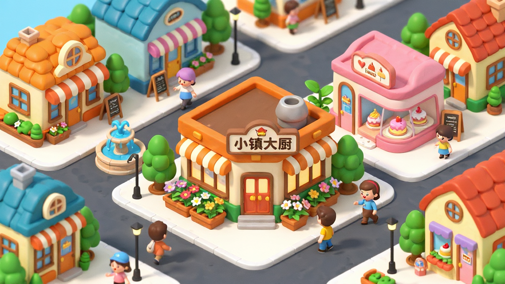 主体:一个充满活力的卡通小镇全景,中央是主角的餐厅,周围分布着花店、甜品店、喷泉、绿植和彩色房屋,街道上有行人走动。布局:鸟瞰视角,小镇全景尽收眼底,餐厅位于画面中心偏下,其他建筑围绕分布,街道线条清晰。排版:采用等轴测视图,建筑比例协调,色彩明快,整体呈现欢乐祥和的氛围。风格:治愈系卡通建筑,细节丰富,屋顶、窗户、招牌各具特色。细节:餐厅门口立着“小镇大厨”招牌,花店门口摆放鲜花,甜品店橱窗展示蛋糕,行人有说有笑。画质:高清,干净无多余元素,突出小镇的繁荣与温馨。