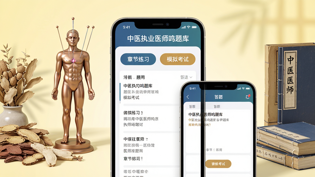 ���壺��ҽִҵҽʦ�����Ӧ�ý��棬�ֻ���Ļ��ʾ����б��ʹ���ҳ�棬��Χ�����в�ҩ�����ͭ�ˡ���ҽ�ż���Ԫ�ء����֣������ֻ�չʾ����������Գưڷ���ҩ���鼮������Ϊ����ɫ���䡣�Ű棺�ֻ���Ļ�Ŵ󣬽��������ɼ����½���ϰ����ģ�⿼�ԡ���ť�������С���ҽִҵҽʦ����⡱���������дʵ3D��Ⱦ���ɫ�����������ͻ��רҵ��ѧ���С�ϸ�ڣ���Ļ�ϵ���Ŀ�����������������࣬������ͣ���Ӱ��Ȼ�����ʣ�8K�����壬�ɾ����޶���Ԫ�ء�